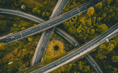 Vue aérienne de routes entourées d'arbres 